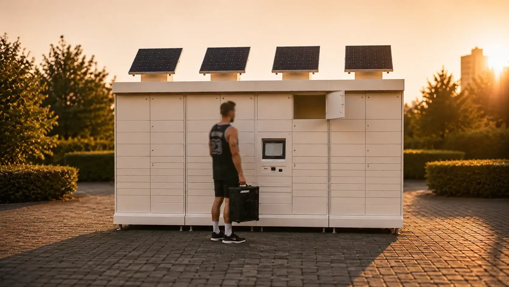 Mann am Smart-Locker im Freien mit einer Lautsprecherbox in der Hand — Leihsachen ohne Treffen übergeben